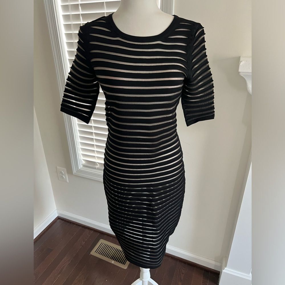 Nellie Partow SS 2015 Black ribbed sheath slip pencil midi dress 3/4 sleeve Sz M